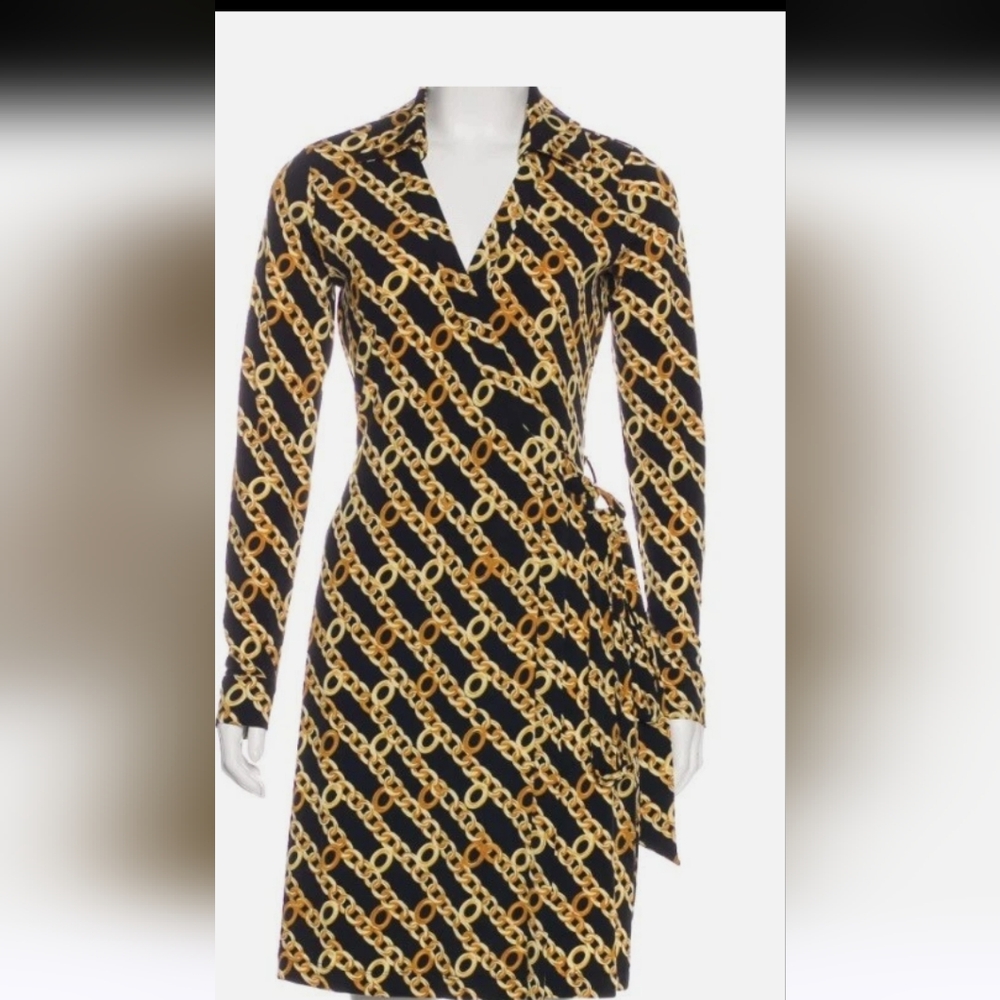 Calvin Klein Black & Gold Chain-Print Wrap Dress
